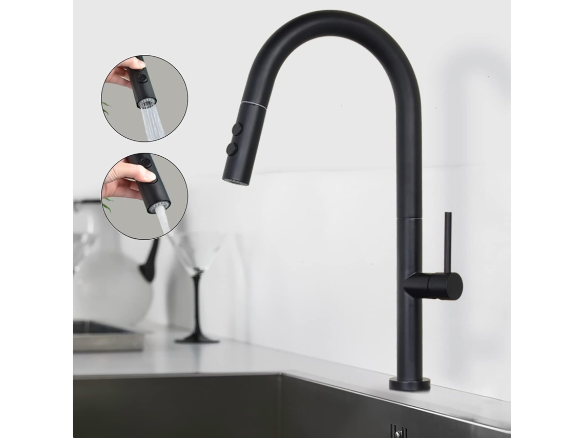 Torneira Misturadora De Cozinha, Misturador Para Pia Preto Fosco Com Dois Modos De Pulverização, Aço Inoxidável Com Bica Alta, Design Comercial
