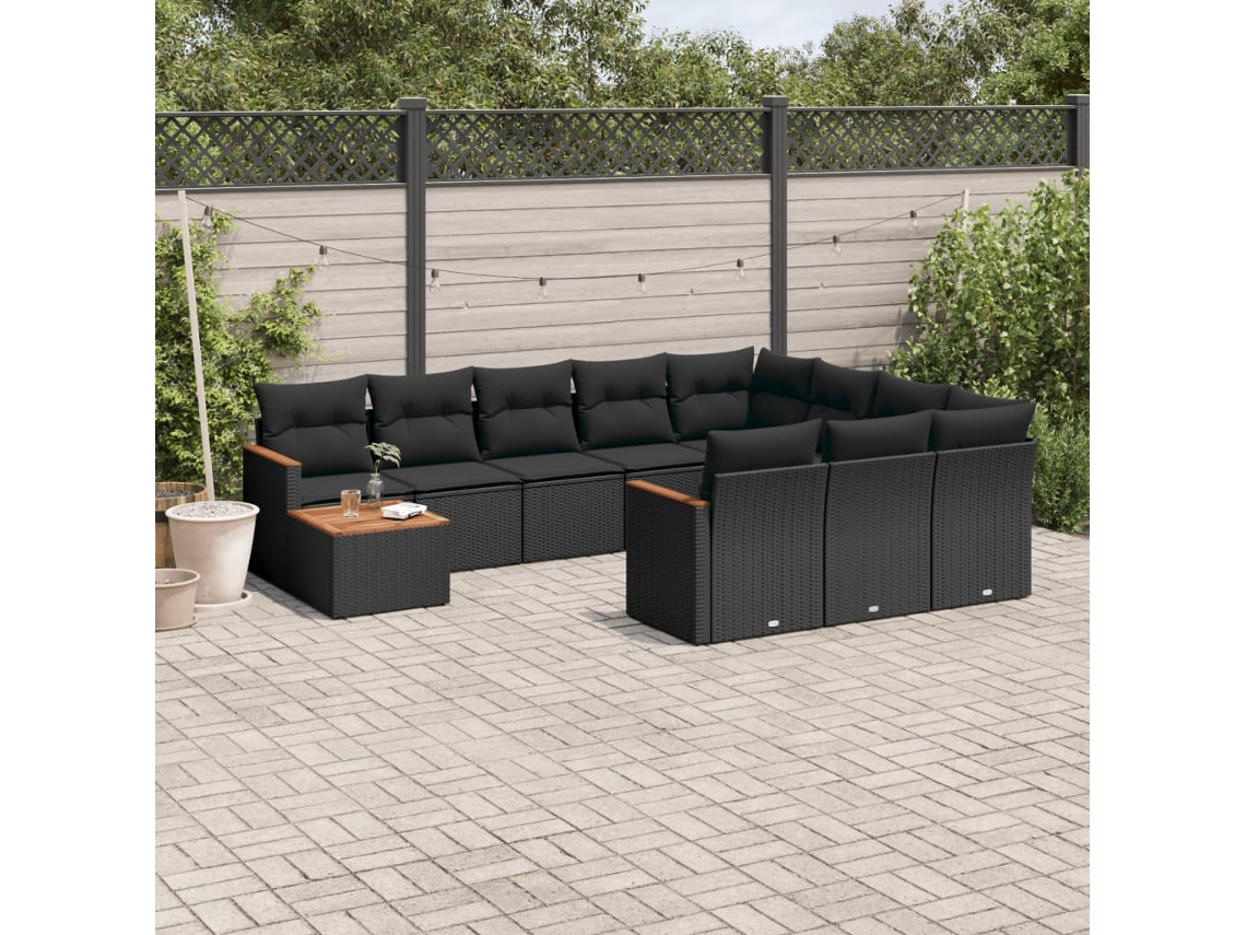 Vidaxl 11 Pcs Conjunto Sofás De Jardim C/ Almofadões Vime Pe Preto