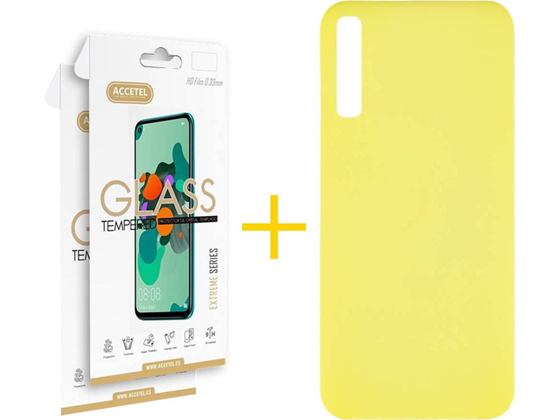 Kit Capa e 2 Películas Samsung Galaxy A50 ACCETEL Silicone Líquido (Amarelo)