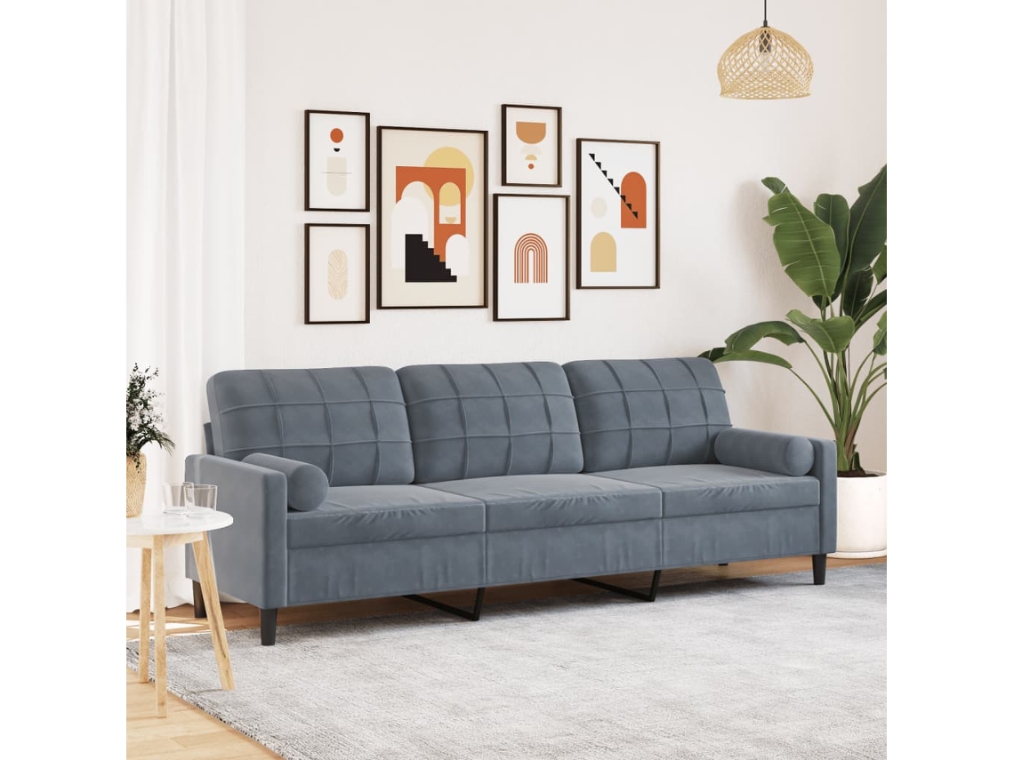 Vidaxl Sofá 3 Lug. C/ Almofadas Decorativas 210 Cm Veludo Cinza-escuro