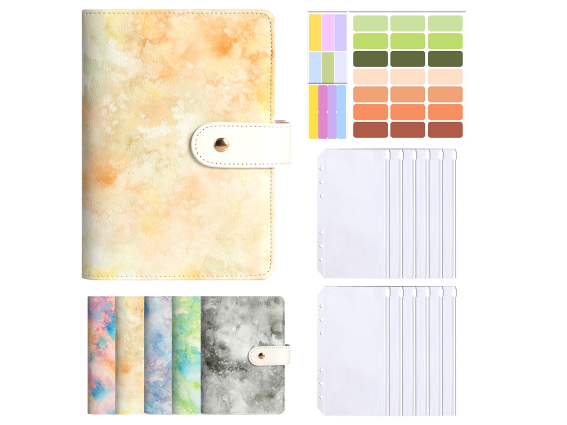 A6 Pu Leather Zipper Binder With Buckle Oil Paint Tie Dye Style Yellow Outer Cover 12-zipper Pockets And 3-color