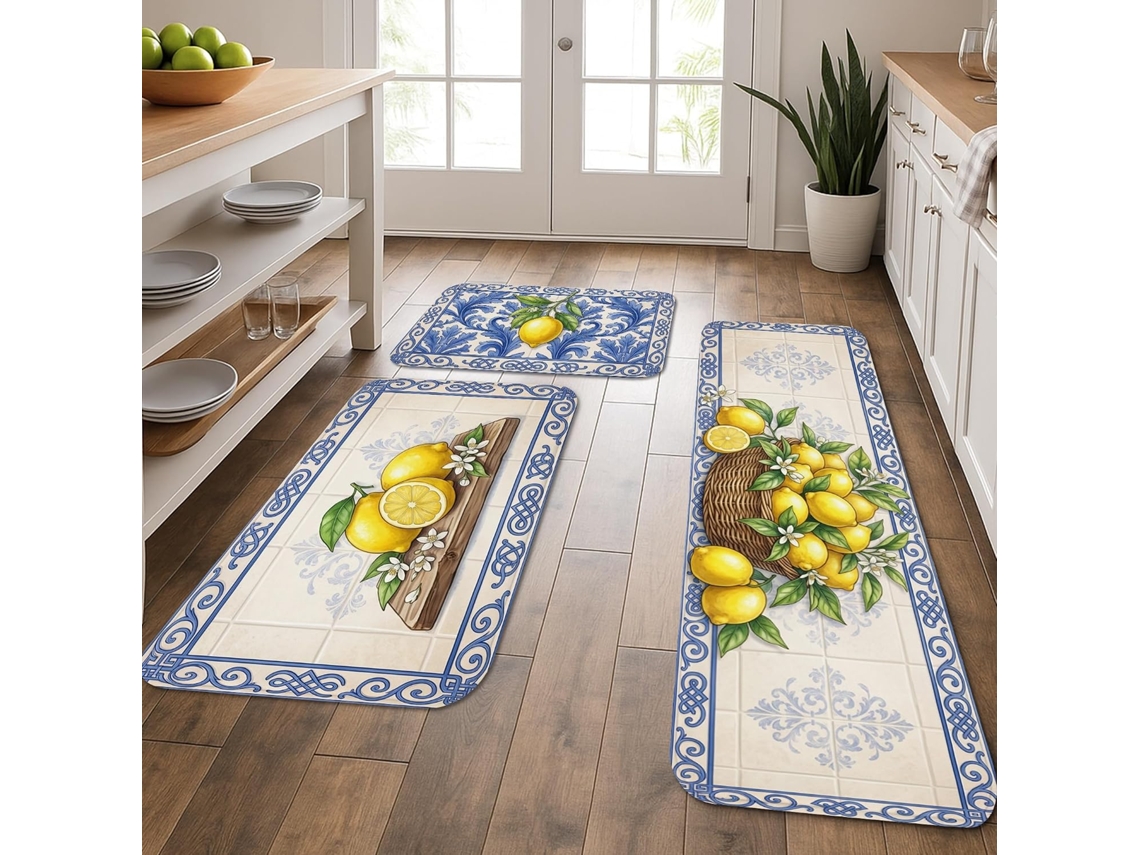 Tapetes de cozinha com estampa floral Limão, estilo clássico, azul, decorativos, confortáveis e laváveis para pisos.