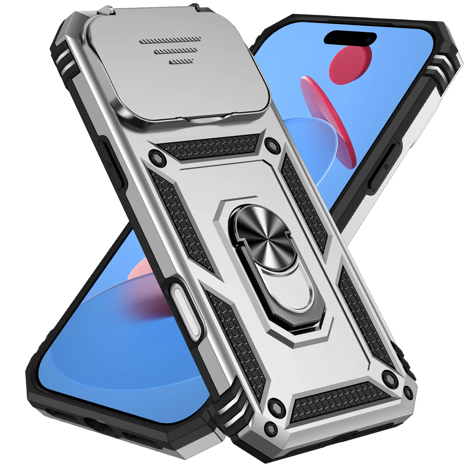 (prateado, Iphone 14 Plus) Capa Portátil Para Celular Com Anel Magnético Em Pctpu E Protetor De Lente Deslizante.