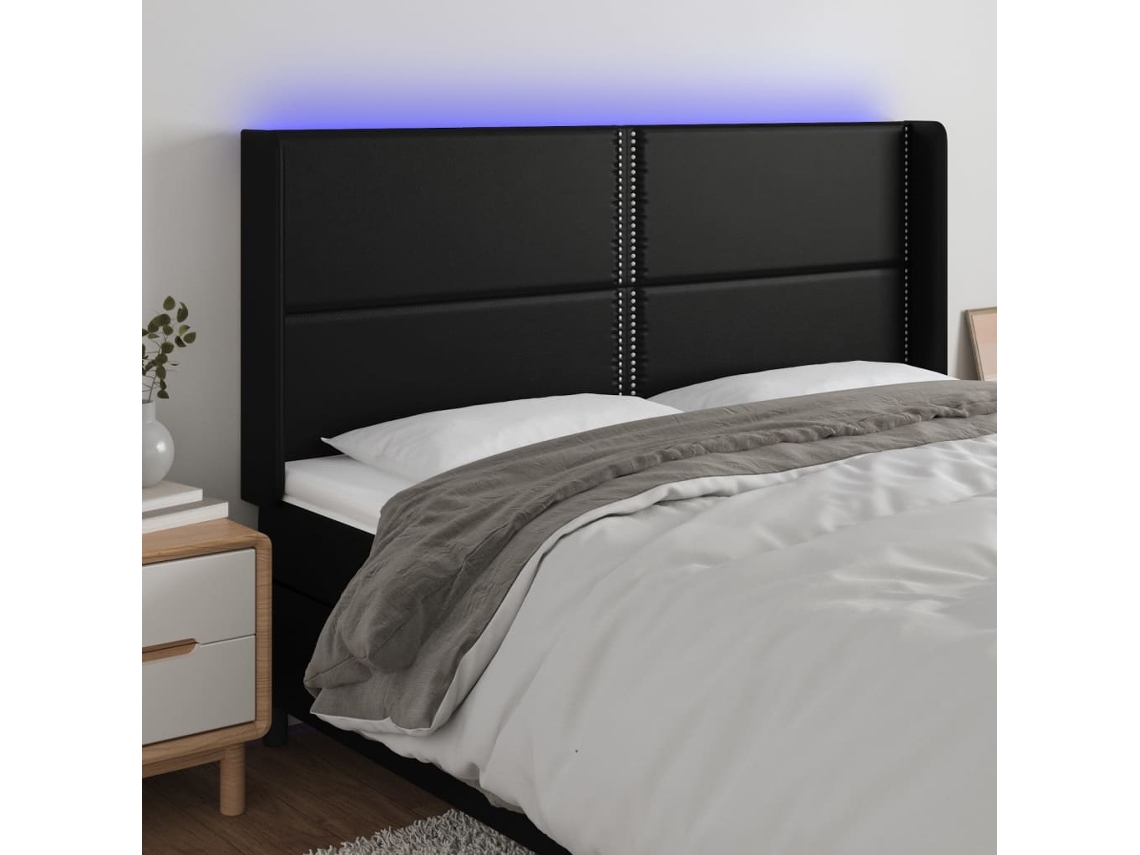 Vidaxl Cabeceira Cama C/ Led Couro Artificial 183x16x118/128 Cm Preto