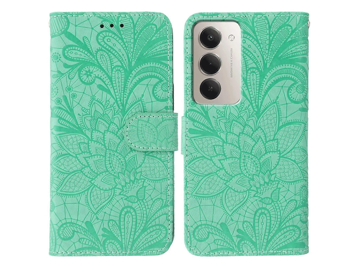 Capa Tipo Carteira De Couro Pu Com Flores De Renda Tkdaddy Para Xiaomi Redmi 15 5g, Verde