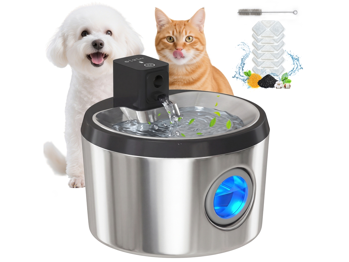 Fonte de Água para Gatos Sem Fio em Aço Inoxidável 4l, Sensor de Movimento, 6 Filtros, Filtragem Dupla, Led, Acabamento Prata VELTUS TRADE