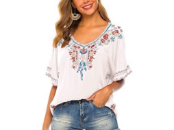 2026 blusa Étnica de Manga Curta para Mulher com Bordado Tradicional de Penas e Flores
