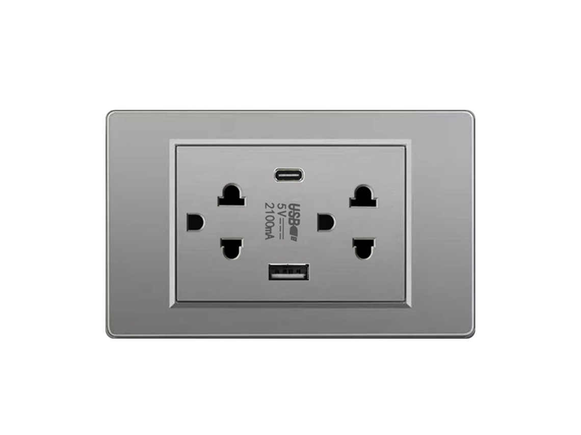 Tomada de Parede Elétrica Tailandesa com USB Type C e Carregamento Econômico Cinza