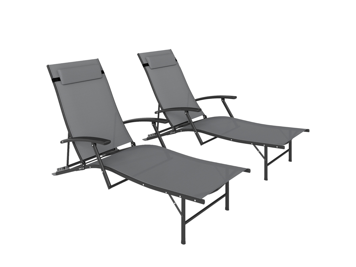 Conjunto de 2 Espreguiçadeiras Dobráveis com Encosto Ajustável em 4 Níveis e Almofada. Cinza Ge