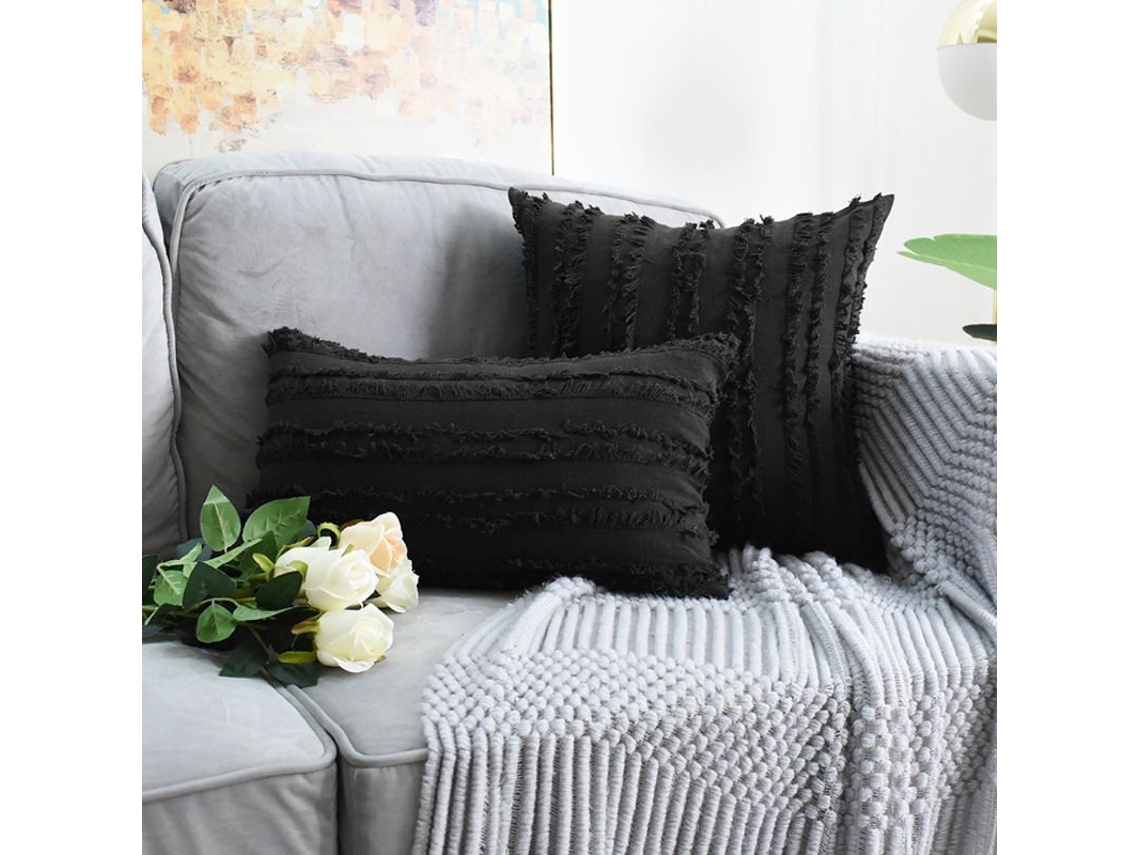 2026 2 Capas de Travesseiro Decorativas Boho com Listras Jacquard de Linho 12x20 Polegadas Preto para Sofá, Quarto e Sala de Estar