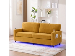 Sofá Moderno De 2 Lugares, Em Chenille, Com Usb-c, Led, Porta Copos, Amarelo Mostarda.