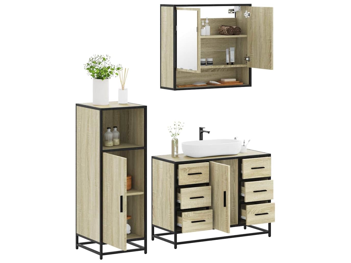 Vidaxl 3 Pcs Conj. Móveis Casa Banho Derivados Madeira Carvalho Sonoma