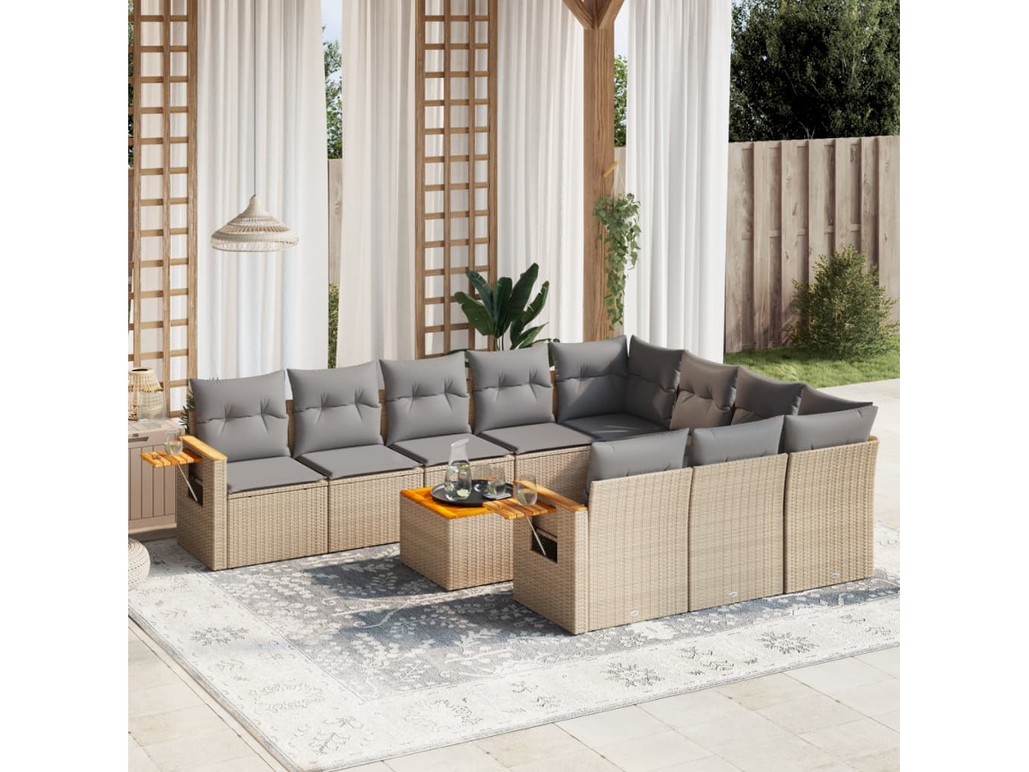 11 Pcs Conjunto Sofás De Jardim C/ Almofadões Vime Pe Bege Dkd Home Decor