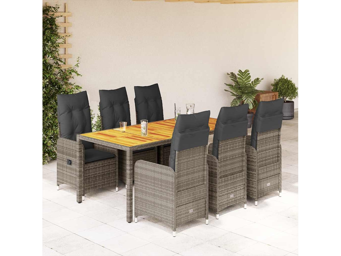 Vidaxl 7 Pcs Conjunto Bistrô De Jardim C/ Almofadões Vime Pe Cinza