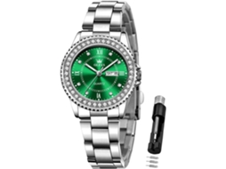 Lurelia Relógio Feminino, Movimento De Quartzo, Data/calendário, Luminoso, Detalhes Com Strass, Aço Inoxidável, Abs, Resistente À Água, Verde