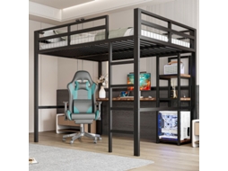 Cama Alta, 140 X 200 Cm, Estrutura De Ferro, Várias Prateleiras, Escrivaninha Com Tomada, Com Usb Tipo C, Corrimão, Escada, Sem Colchão, Preta