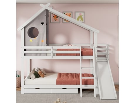 Beliche Infantil,cama De Casal,cama Infantil Multifuncional,há Escorregadores E Escadas,com 2 Gavetas,sem Colchão,madeira Maciça,com Armário Ehstmind