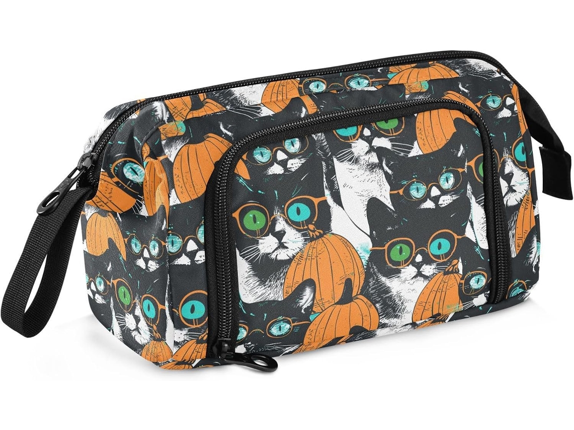 Estojo de Lápis Grande com Tema Halloween, Estampa Gatinho Fofo e Compartimento para Mesa Adolescentes. 24 X 9