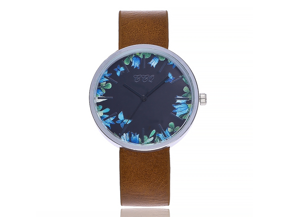 Relógio de Pulso Feminino de Moda com Correia de Pu e Design Impresso Marrom Escuro