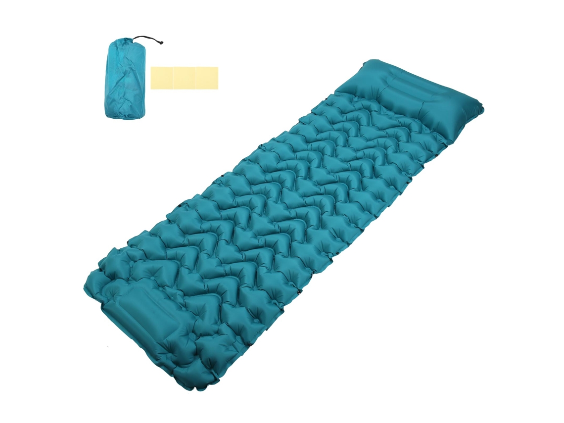 Colchonete inflável para camping, azul, ergonômico, com apoio para os pés, impermeável, com travesseiro para uso externo.