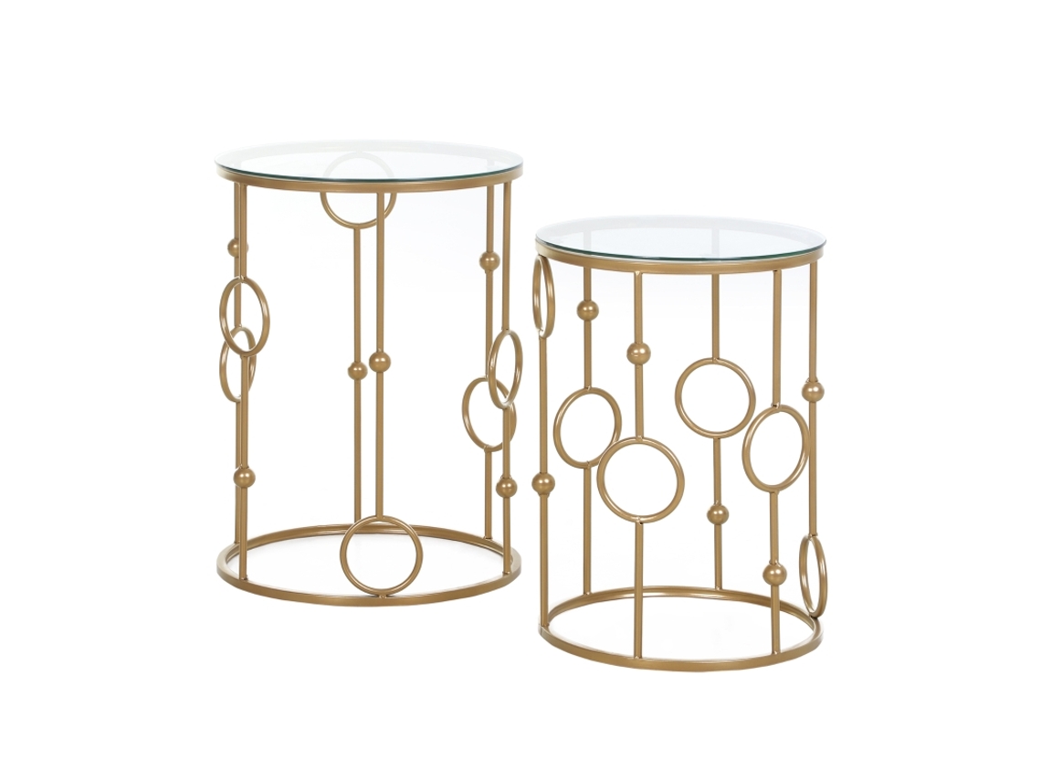 Conjunto 2 Mesas Centro Tampa Vidro, Design Pneu Bola, Ø41x57 Cm, Dourado