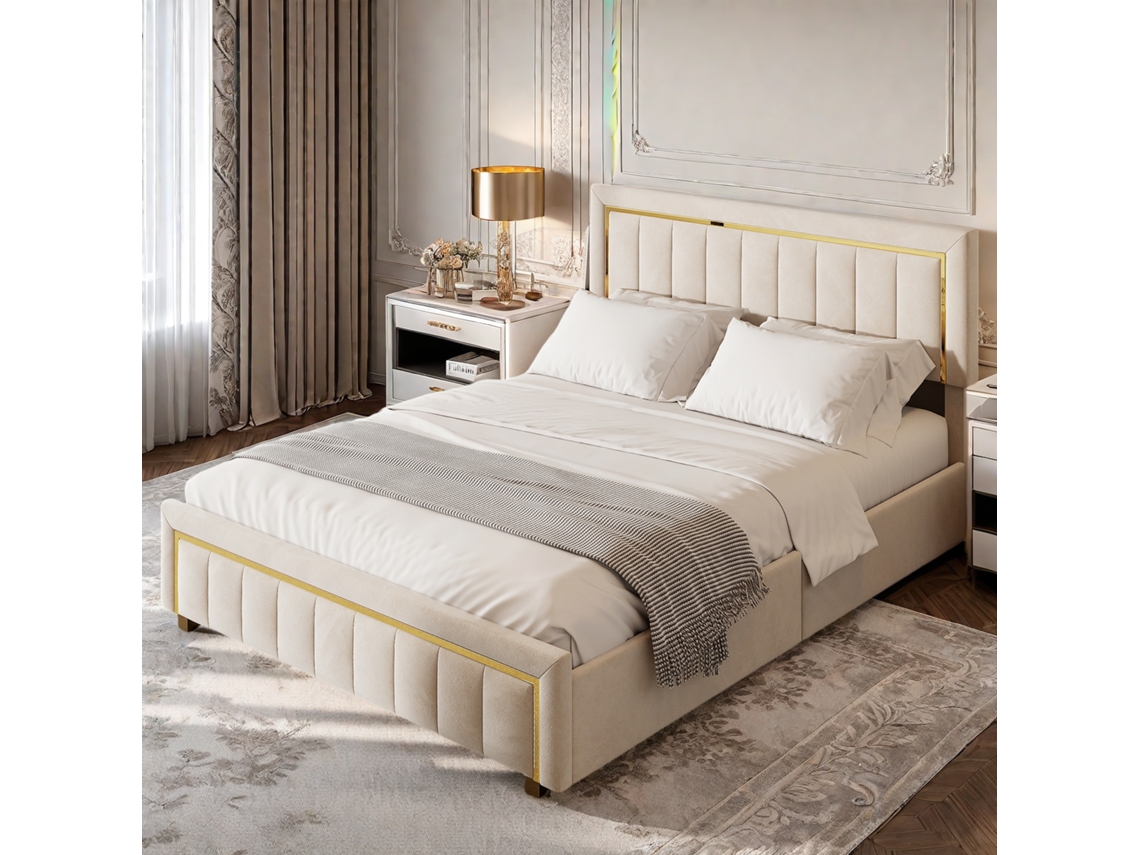 Cama 140x200 Cm, Box Spring Hidráulico, Com Molas E Arrumação, Veludo Ycone (bege)