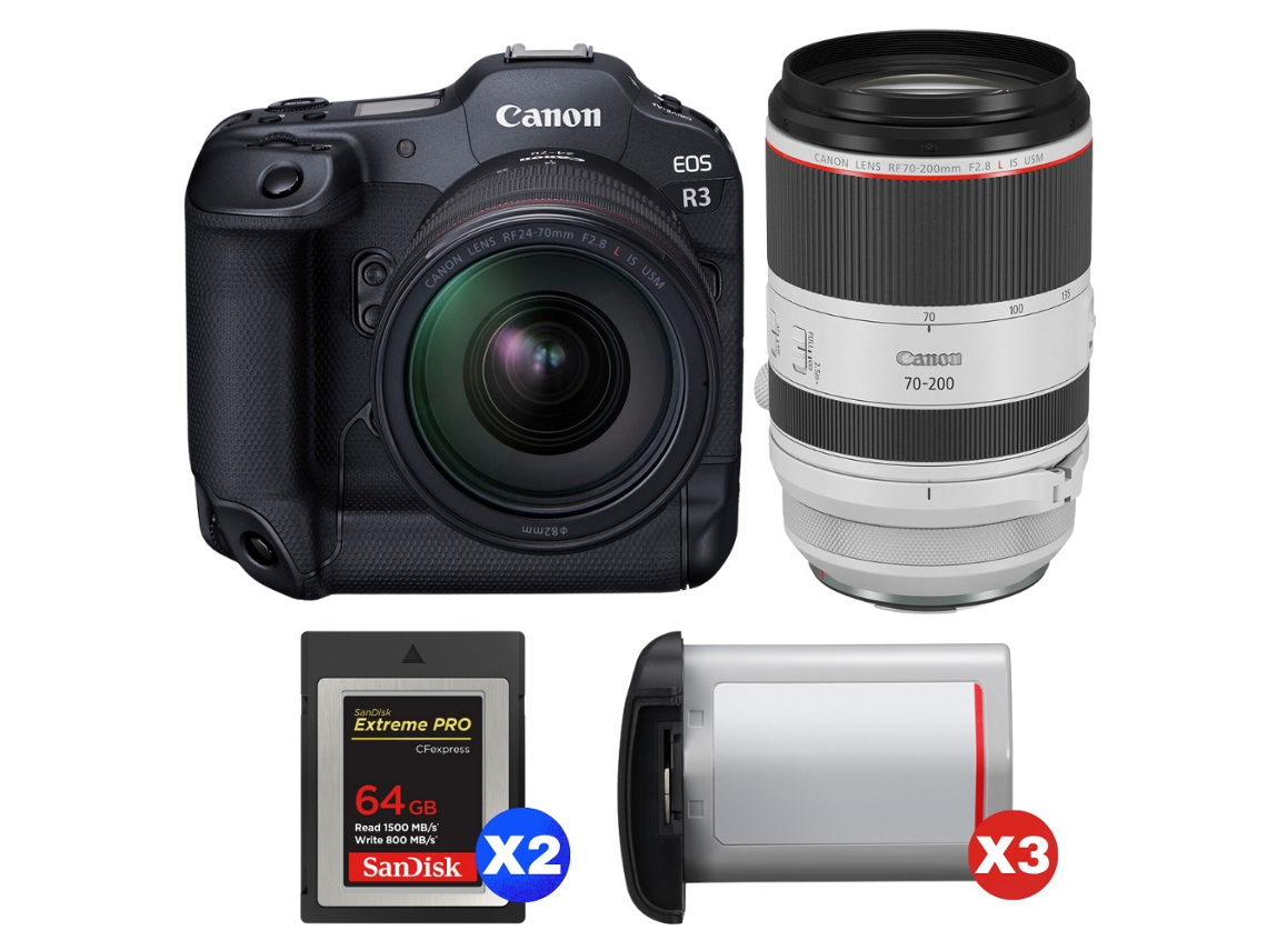 Eos R3 + Rf 24 70mm F/2.8 L Is Usm + Rf 70 200mm F/2.8 L Is Usm + 2 Sandisk 64gb Extreme Pro Cfexpress Type B + 3 Canon Lp + Ebook Pricedirect CANON