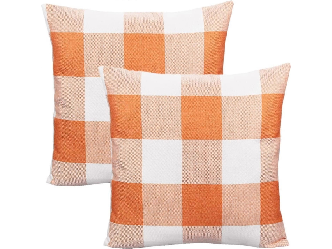 Fronha Decorativa De Outono Xadrez Laranja E Branco, 18x18 Polegadas, Pacote Com 2