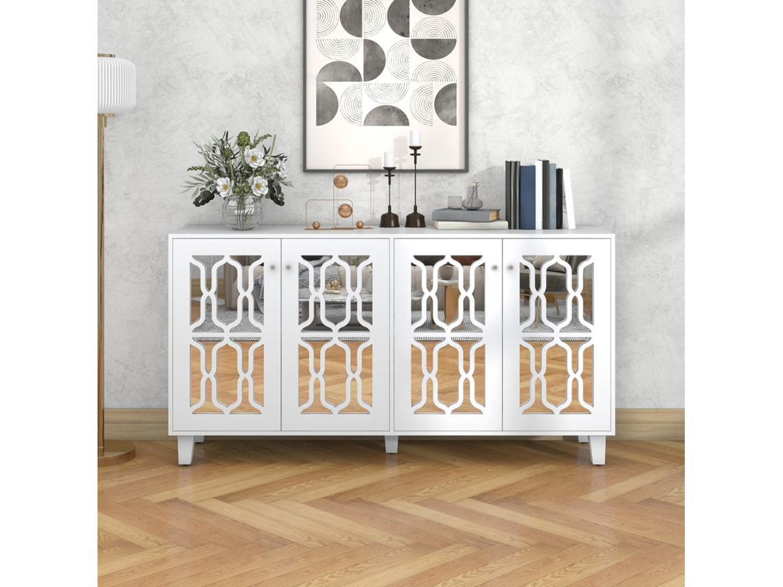 Aparador Espelhado Branco Com Alças De Cristal Elegantes, Quatro Portas, Com Laminado Móvel Para Sala De Estar E Jantar, 160 X 40 X 84cm-hm