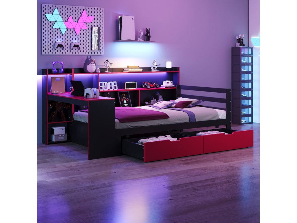 Sofá-cama De Madeira 90x200 Cm Preto + Vermelho Com Escrivaninha, Estantes, Gavetas, Led E Tomadas, Cama Multifuncional