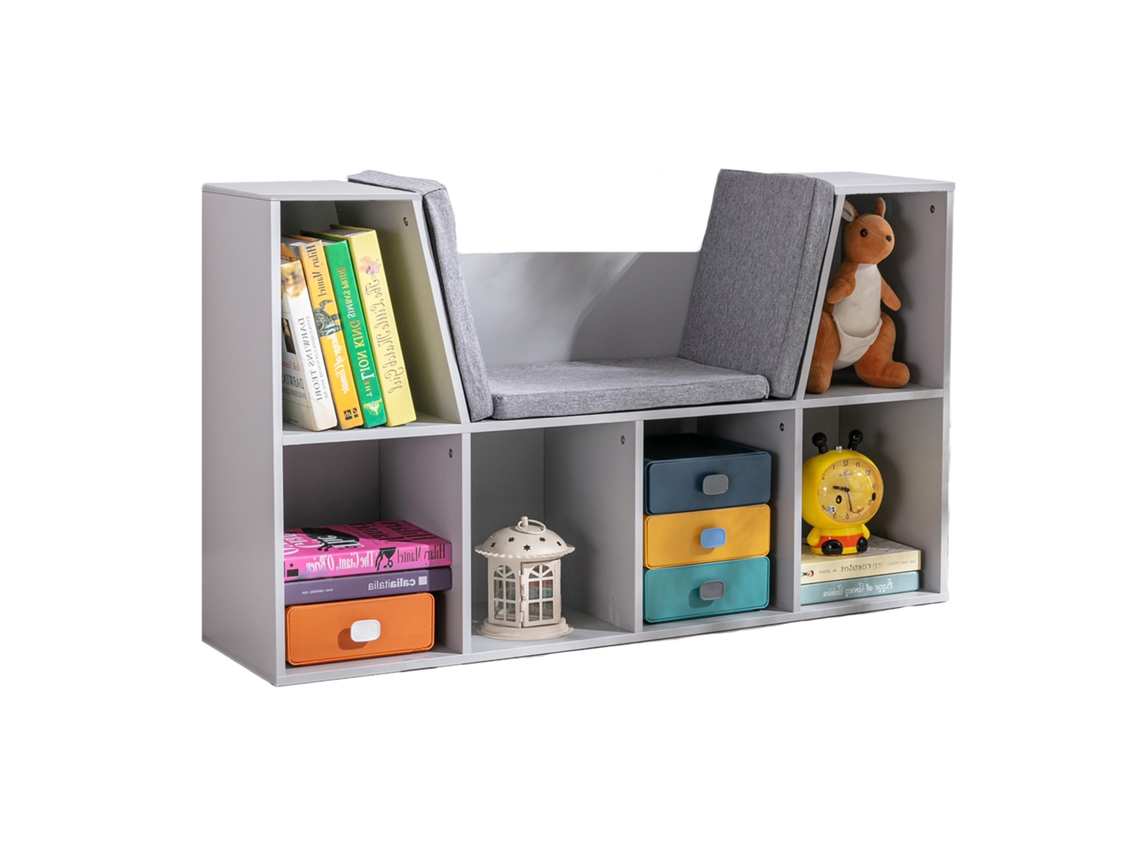 Prateleira Infantil 2-em-1 + Banco Com Estofado 103 Cm × 30 Cm × 62 Cm Branco + Cinza