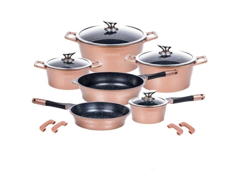 Jogo De Panelas E Frigideiras Antiaderentes De 14 Peças Em Pedra Vulcânica Cobre Rl Es1014m Royalty Line