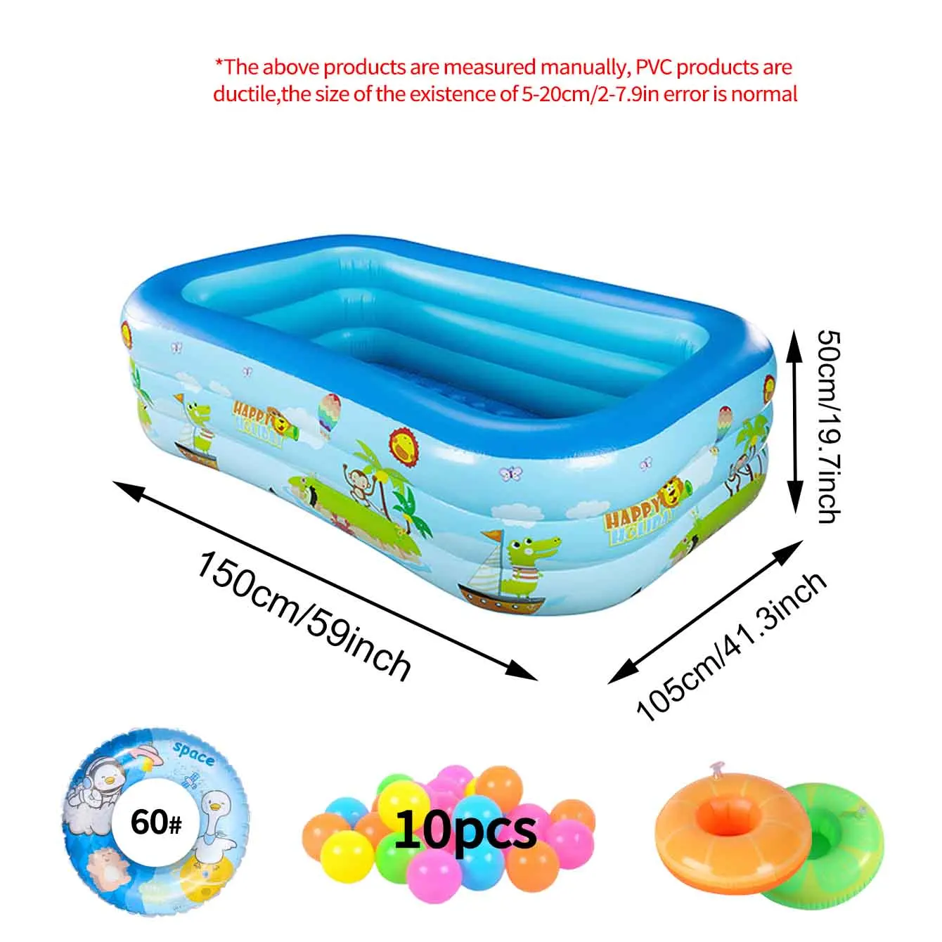 Piscina Inflável Grande (conjunto De 1,5 M), Retangular, Em Pvc Espesso, Com Válvula De Ar E Dreno.