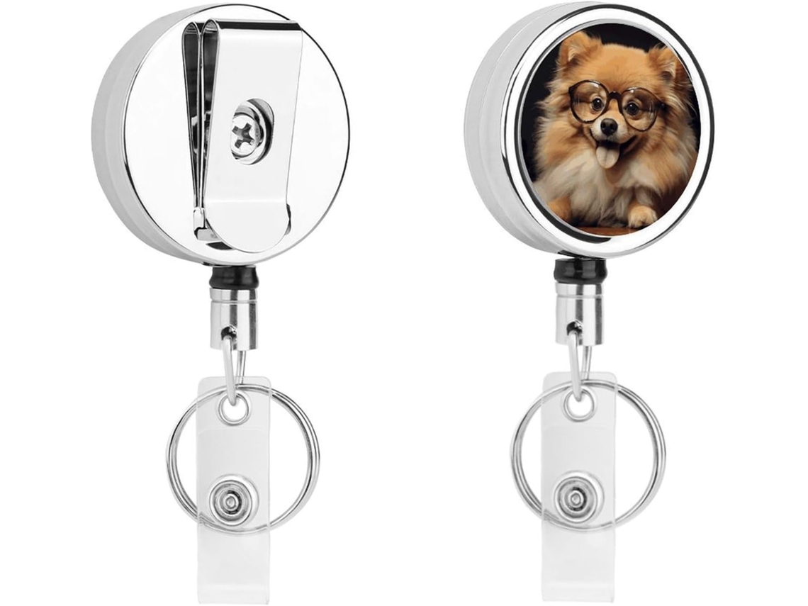 Porta Crachá Retrátil Com Estampa De Cachorro Da Raça Pomerânia, Clipe Cinto E Chaveiro, Clipe Cordão De Metal