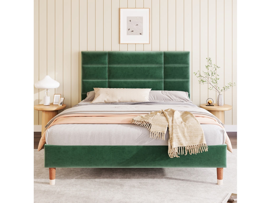 Cama Casal 140x200cm Verde Escuro Estrutura Acolchoada Sem Colchão