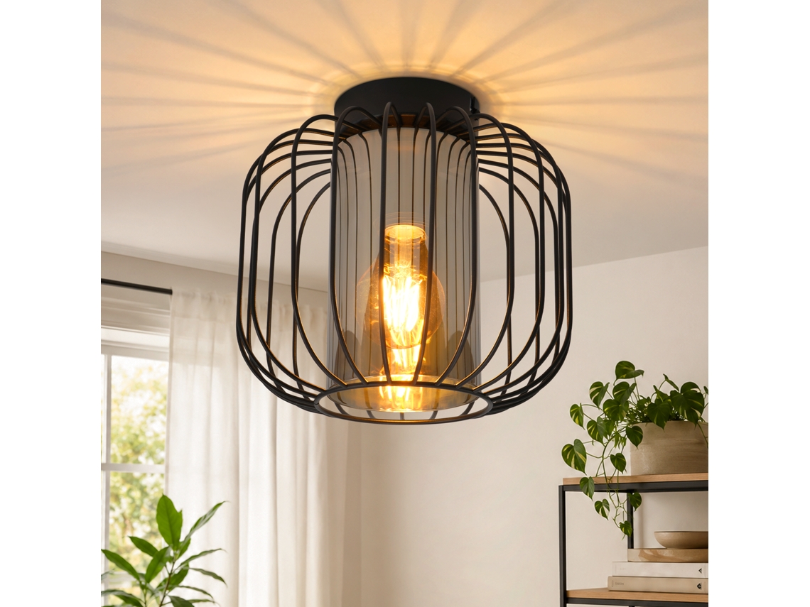 Plafon Vintage De 1 Luz Com Cúpula De Vidro, E27, Preto