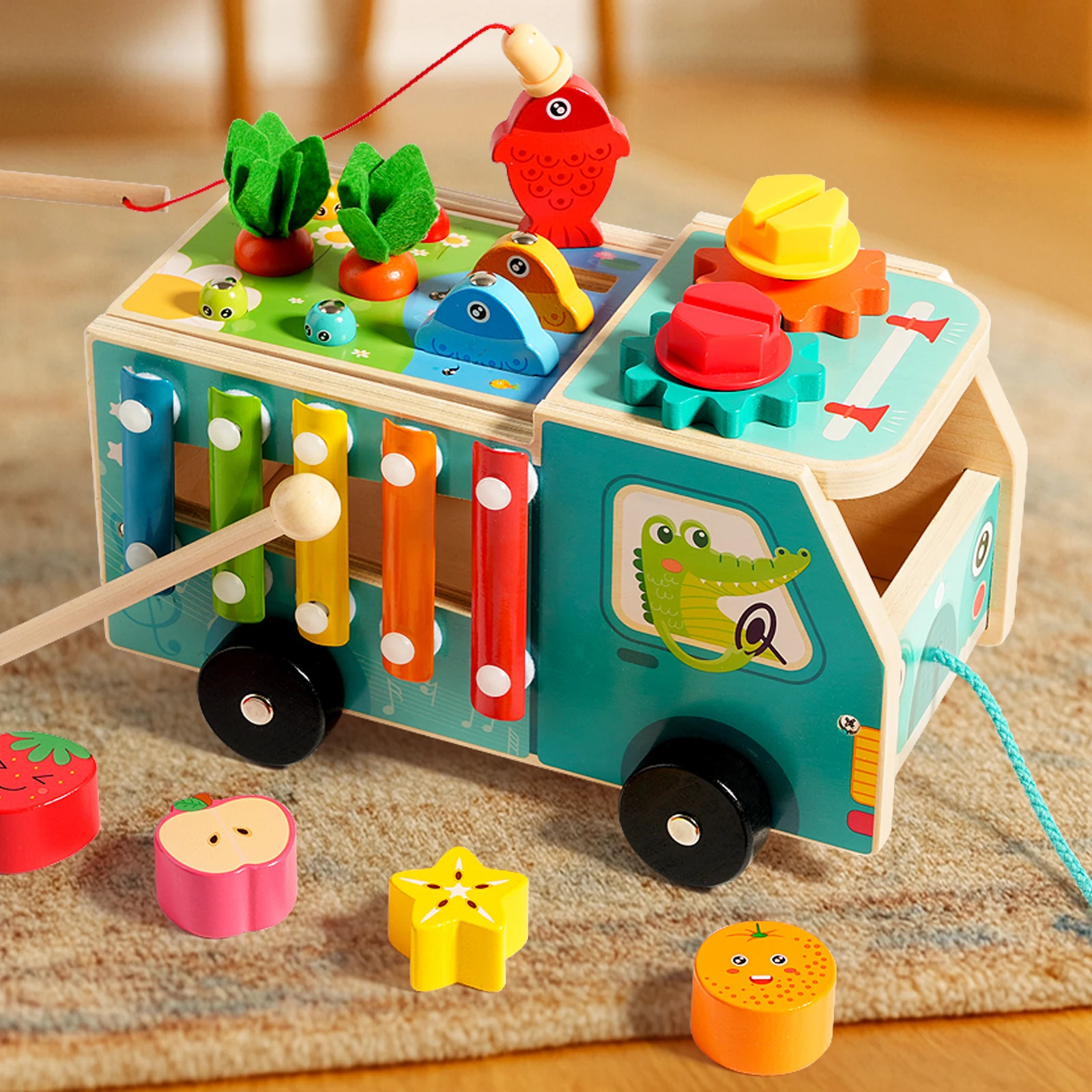 Caminhão De Madeira Para Fazenda, Brinquedo Multifuncional - Encaixe De Formas, Pesca E Labirinto De Contas, Ideal Para A Educação Infantil.