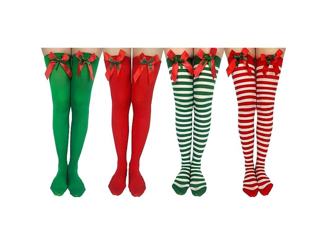 4 Pares Meias Altas De Natal Com Listras Para Mulheres Meias Esticáveis De Coxa Apoiadas Tights Femininas
