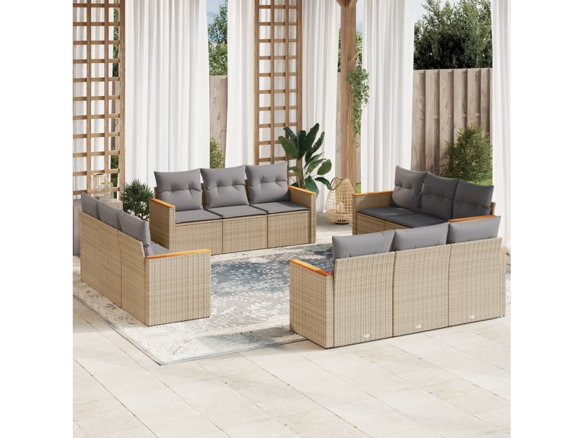 12 Pcs Conj. Sofás Jardim C/ Almofadões Vime Pe Bege Misturado Dkd Home Decor