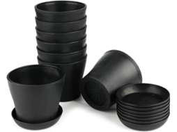 Set de 8 Macetas de Plástico Negro Pequeñas de 10 Cm Con Bandejas para Oficina Y Hogar