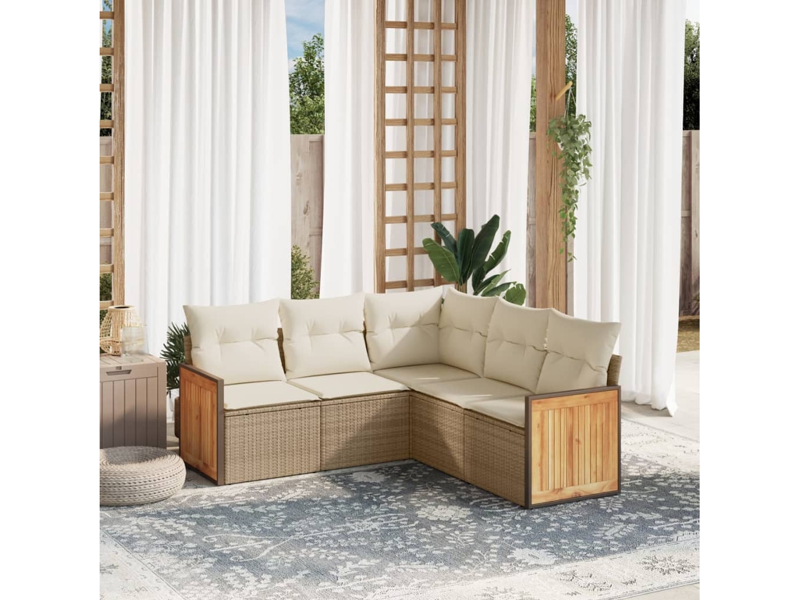 Vidaxl 5 Pcs Conjunto De Sofás P/ Jardim Com Almofadões Vime Pe Bege