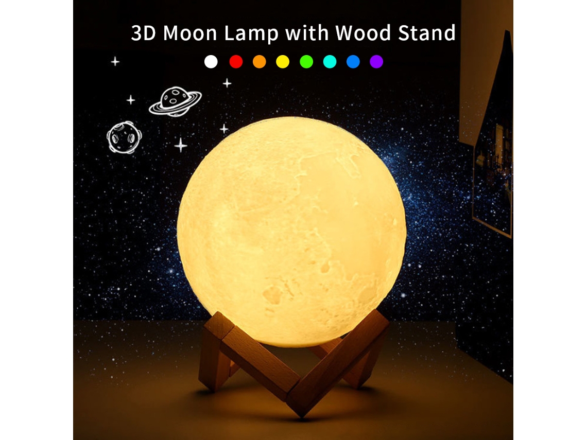 Lâmpada de Lua 3d com Suporte de Madeira Controle Remoto Toque 16 Cores 4 Modos Usb Recarregável Presente Infantil | S/MARCA