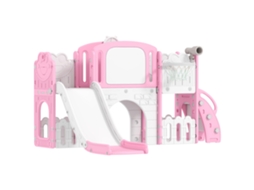 Escorrega Infantil Sapo 7 em 1 Cor de rosa (com Cesto de Basquete, Túnel, Quadro Negro, Telescópio e Caixas)