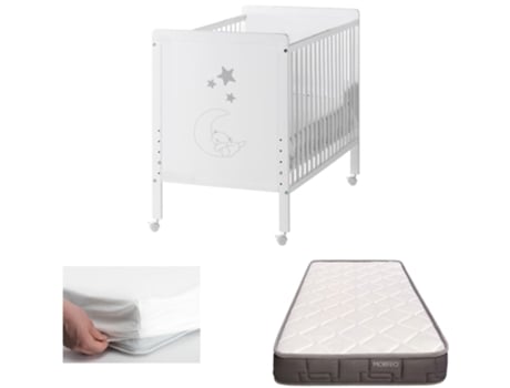 Berço Indi com colchão Morfeo, branco e madeira de faia + protector de colchão COOL · DREAMS