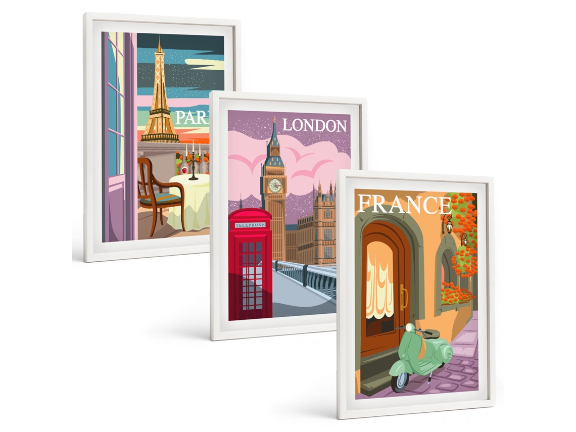 Conjunto De Pinturas Vistas Retrô De Paris E Londres Moldura Branca Imagens Para Um Quarto Infantil Espelharte (3 Piezas De 40x60 Cm)