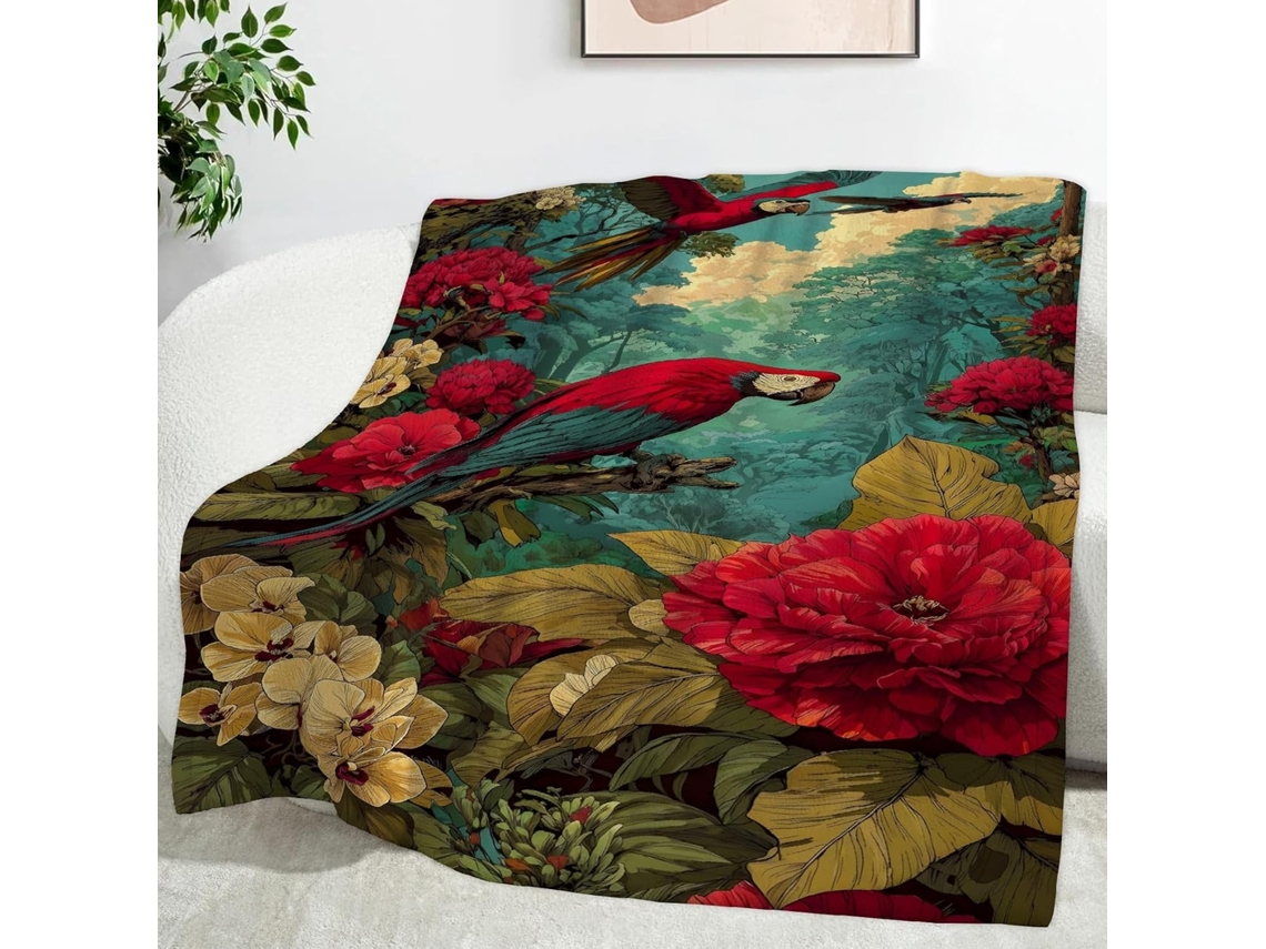 Manta com Estampa de Flores Vermelhas e Papagaios 100x130 Cm Multifuncional Macia Aconchegante em Flanela Idea