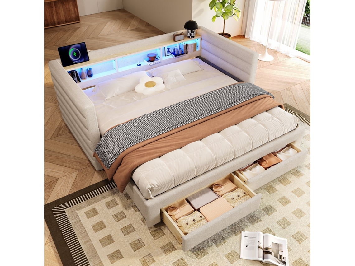 Sofá-cama 90x190cm em veludo, com cama retrátil, LED, gavetas, USB tipo c, bege, KOMHTOM