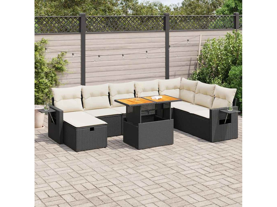 Vidaxl 9 Pcs Conjunto Sofás P/ Jardim Almofadões Vime Pe/acácia Preto