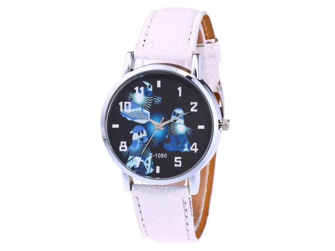 Relógio de casal casual Zhoulianfa com pulseira de PU, estampa fofa de Halloween (branco)