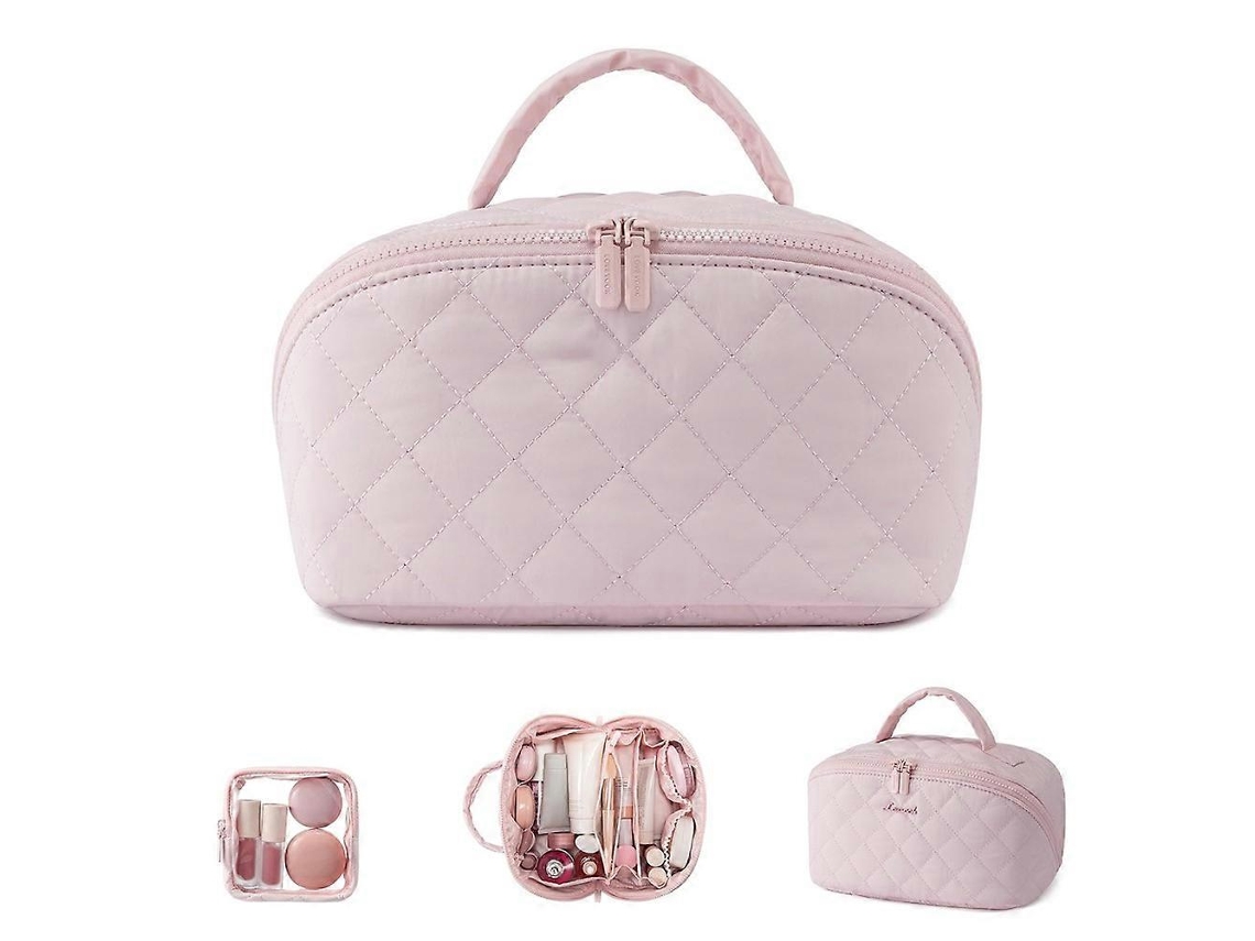 Necessaire De Maquiagem Acolchoada Rosa Com Compartimentos Para Viagem